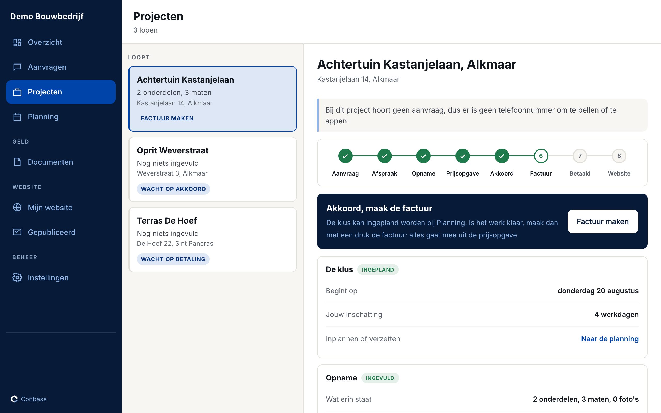 Het Conbase-dashboard met een project en de projectreis